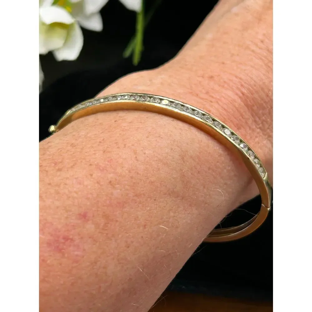 Gold Plated CZ Set Channel Bangle Bracelet 925 Sterling Hinged